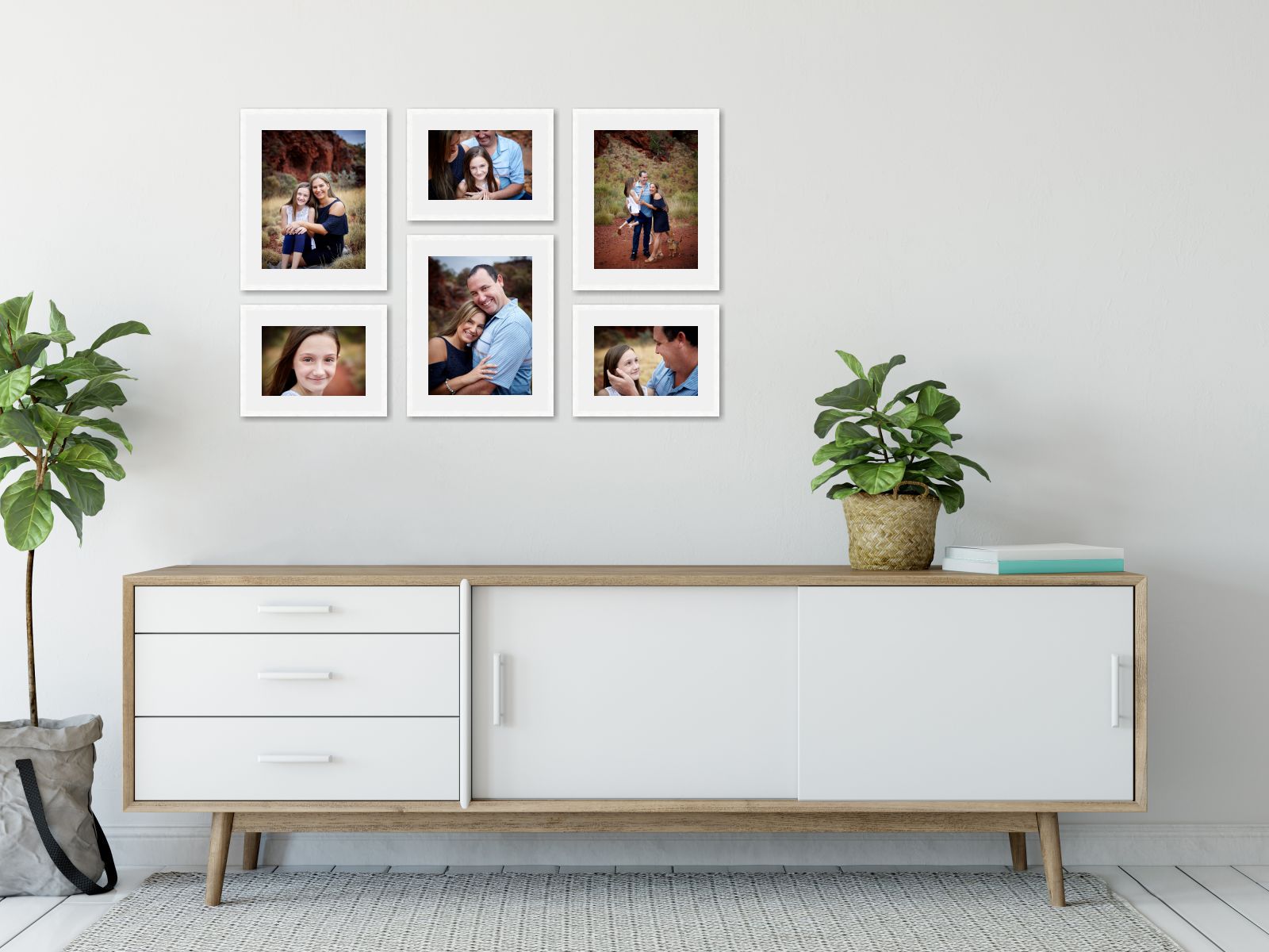 Three square framed photos in a loungeroom