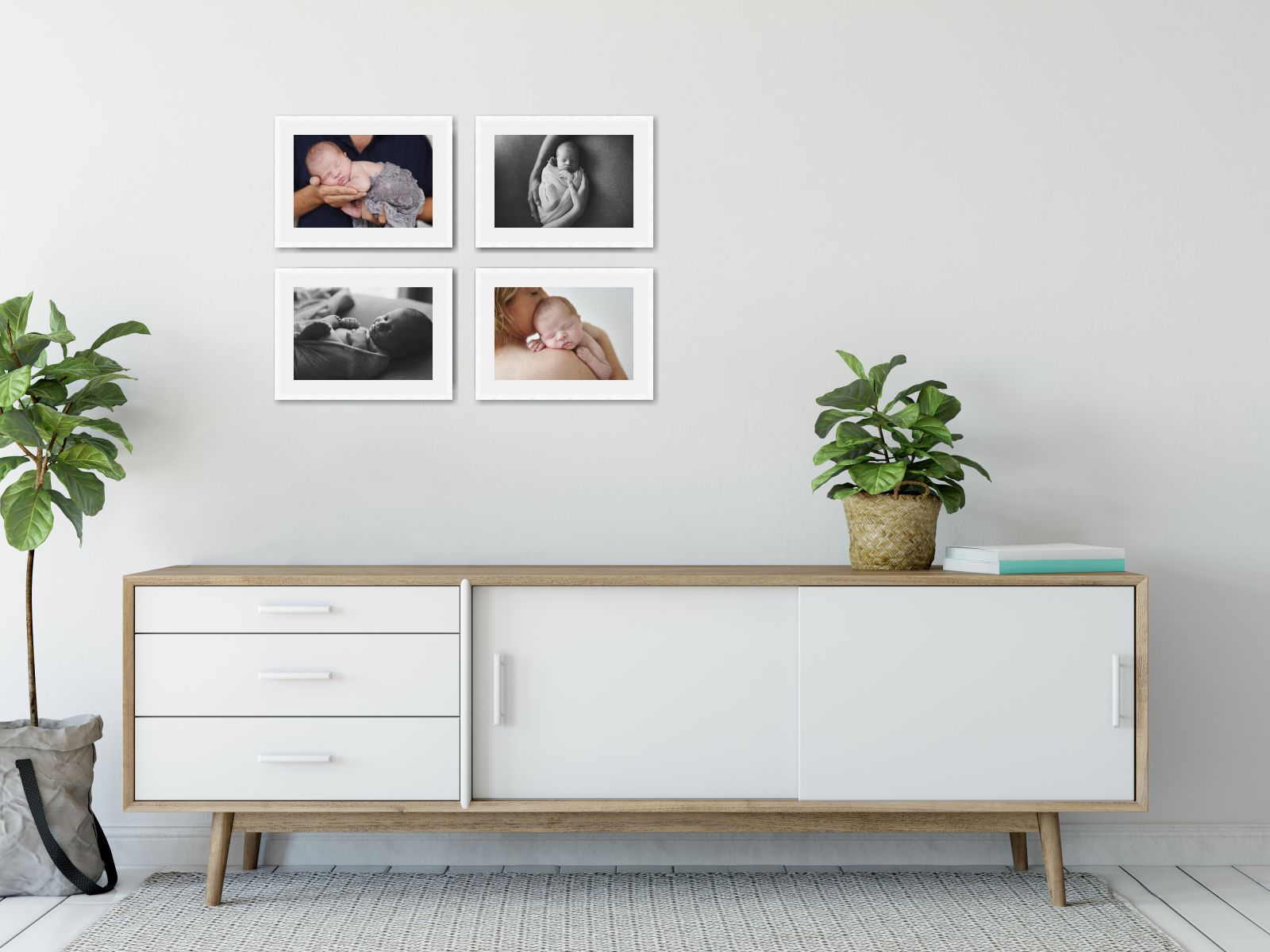 Three square framed photos in a loungeroom
