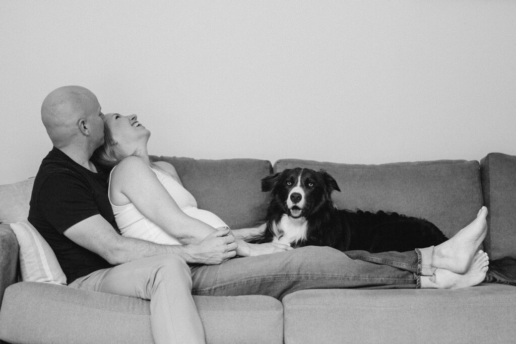 B&W photo in-home maternity photography with family dog in Perth home